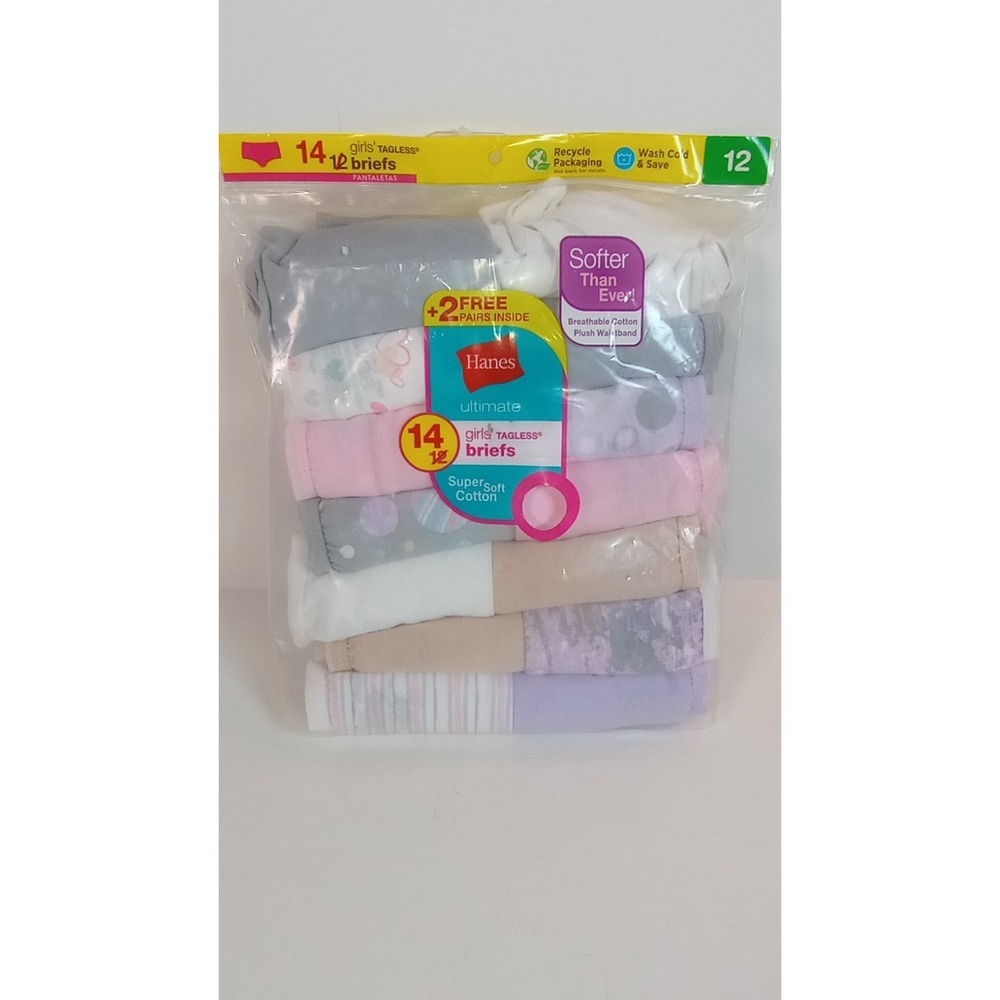 Hanes Ultimate Girls 14 Pack Tagless Briefs Underwear Multicolor Cotton Size 12